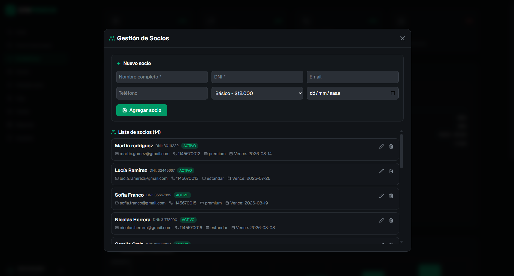 Lista de socios de Gym Premium con planes y estados